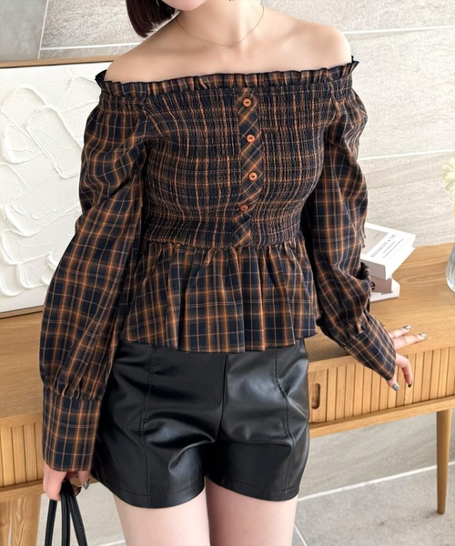 clear（クリア）の「２ｗａｙチェックペプラムブラウス［大人カジュアル 春］≪SS新作≫（シャツ/ブラウス・レディース・グリーン/オレンジ/ブラック・F）」の3枚目の写真