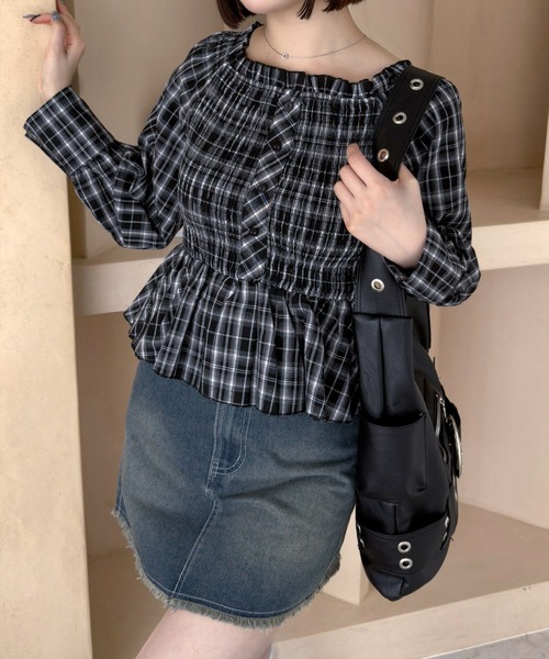 clear（クリア）の「２ｗａｙチェックペプラムブラウス［大人カジュアル 春］≪SS新作≫（シャツ/ブラウス・レディース・グリーン/オレンジ/ブラック・F）」の5枚目の写真