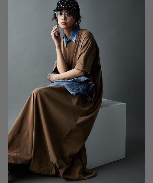 GEVS.(ジェイヴィス)の「接触冷感ピグメント染カットソーマキシワンピース<大きいサイズ有>(もっとロング丈)GEVS.(ワンピース・レディース・サックスブルー/ブラウン/ピンク/スミクロ・5L/4L/3L/LL/L/M)」の2枚目の写真