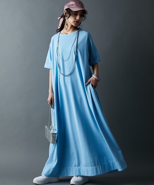 GEVS.(ジェイヴィス)の「接触冷感ピグメント染カットソーマキシワンピース<大きいサイズ有>(もっとロング丈)GEVS.(ワンピース・レディース・サックスブルー/ブラウン/ピンク/スミクロ・5L/4L/3L/LL/L/M)」の6枚目の写真