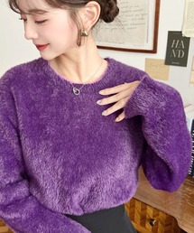 ニット/セーター（パープル/紫色系・クルーネック(丸首)）ファッション