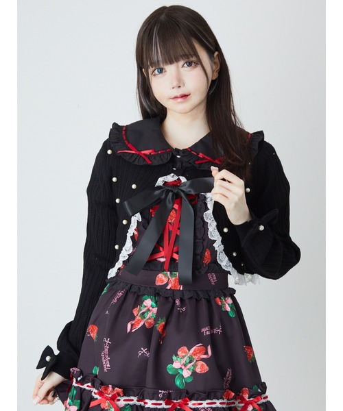 Ank Rouge（アンクルージュ）の「パール透かし編みショートボレロ（ニット/セーター・レディース・ブラック/レッド/ホワイト・M）」の2枚目の写真