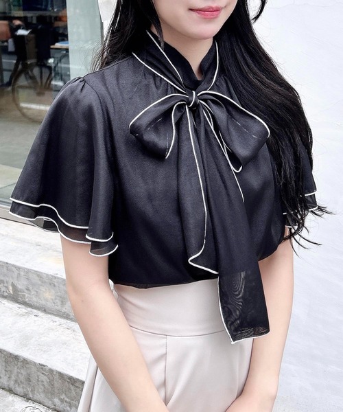 INGNI（イング）の「ラメシアー2Wayリボンフレアスリーブブラウス（シャツ/ブラウス・レディース・ブルー系/ブラック×ホワイト/ホワイト×ブラック/オフホワイト・M）」の16枚目の写真