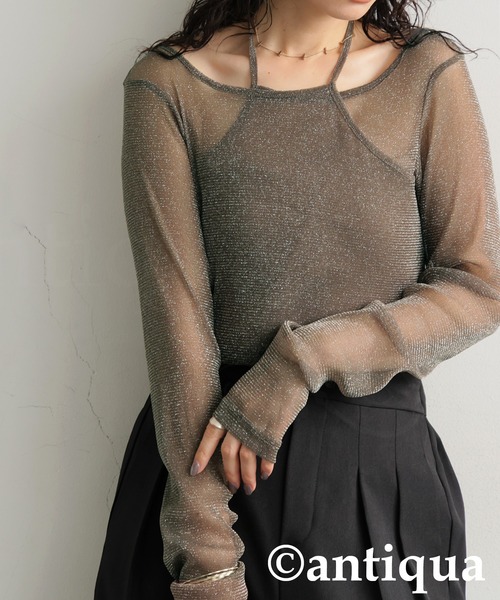 antiqua(アンティカ)の「シアーグリッタートップス(その他トップス・レディース・カーキ系/ブラック・ONESIZE)」の1枚目の写真