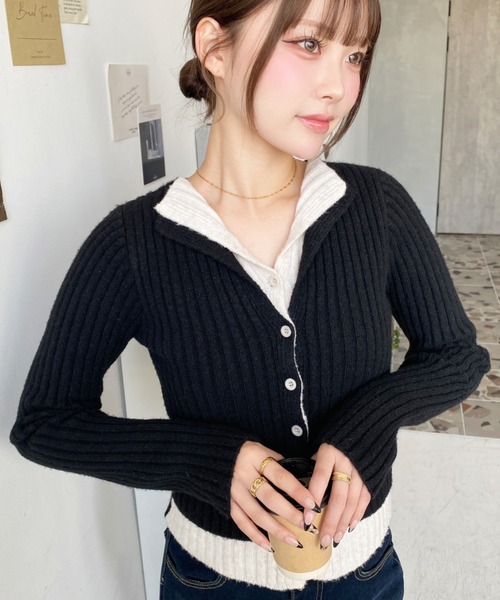 セール】レイヤードカーディガン風リブニットトップス（ニット