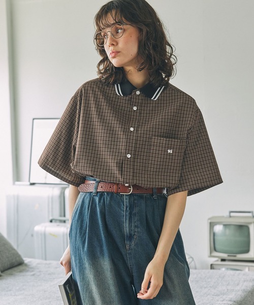 mona出品 セール】ナンバリング刺繍 衿リブ ラインデザイン 半袖シャツ