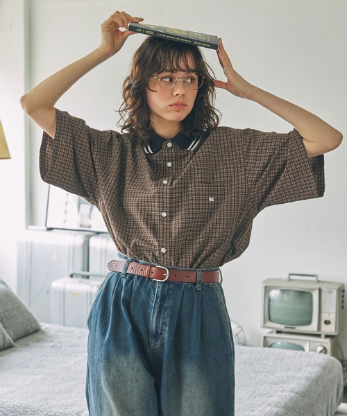 ナンバリング刺繍 衿リブ ラインデザイン 半袖シャツ MONO-MART LADY'S