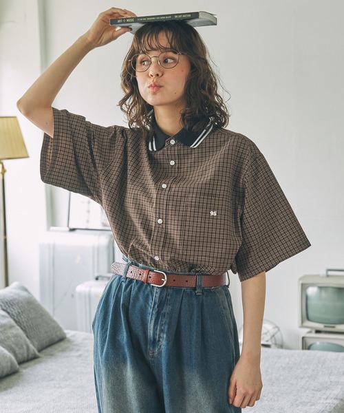 半袖シャツ 1800円 ナンバリング刺繍 衿リブ ラインデザイン 半袖シャツ MONO-MART LADY'S