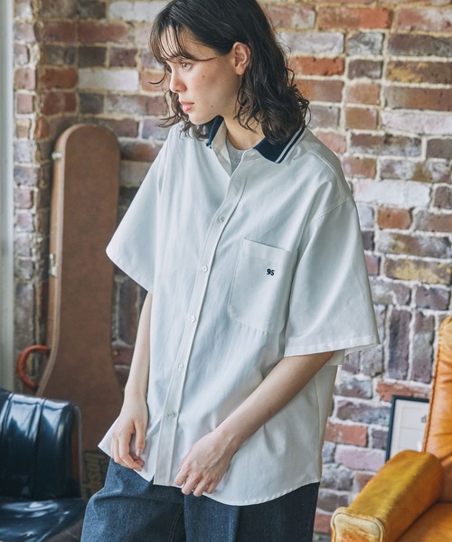ナンバリング刺繍 衿リブ ラインデザイン 半袖シャツ MONO-MART LADY'S