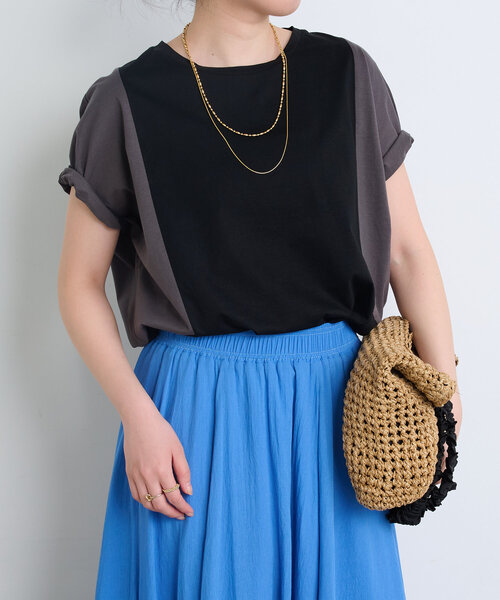 Jena espace merveilleux（ジェナ　エスパスメルヴェイユ）の「【体型カバー／1枚で決まる配色Tシャツ】バックライン配色カットソー（Tシャツ/カットソー・レディース・ブラック/ベージュ/ブルー・FREE）」の7枚目の写真