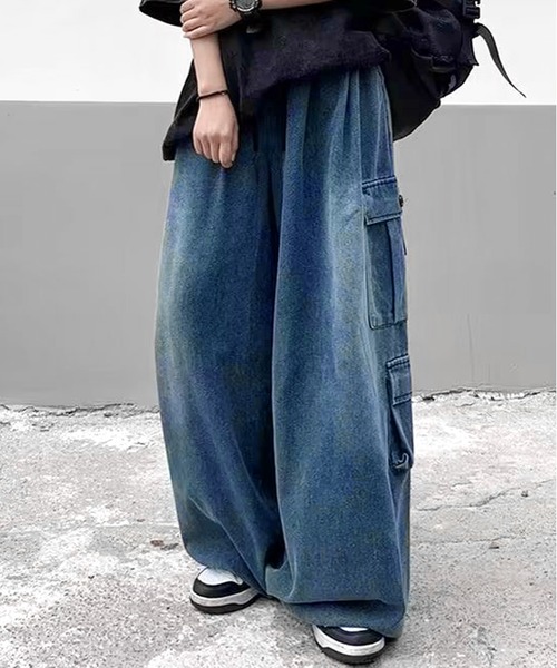 セール】DEWEY シャーリング ワイド デニムカーゴパンツ（デニム