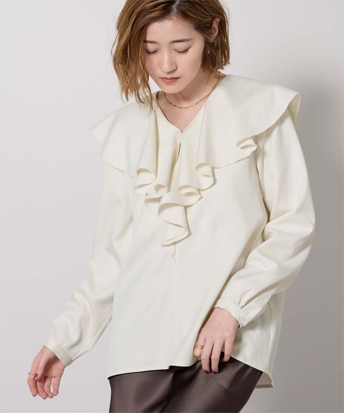 UR'S(ユアーズ)の「Vネックラッフルブラウス(シャツ/ブラウス・レディース・ストライプ/アイボリー/ブラック・S/L/M)」の20枚目の写真