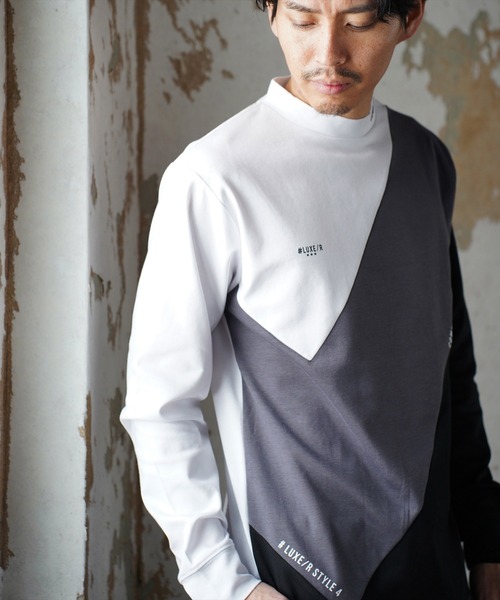 LUXE/R GOLF(ラグジュ ゴルフ)の「(RM)【LUXE/R GOLF】ストレッチ スムース 切り替え 配色 モックネック 長袖 Tシャツ(Tシャツ/カットソー・メンズ・ブラック系/ホワイト系・L/XL/M)」の3枚目の写真