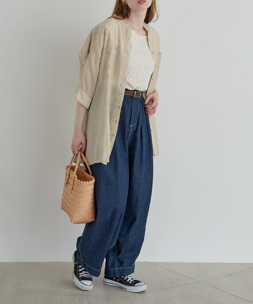 Crisp（クリスプ）の「ハーフスリーブシアーオーバーシャツ（シャツ/ブラウス・レディース・ベージュ/ピンクベージュ・FREE）」の11枚目の写真