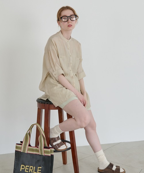 Crisp（クリスプ）の「ハーフスリーブシアーオーバーシャツ（シャツ/ブラウス・レディース・ベージュ/ピンクベージュ・FREE）」の14枚目の写真