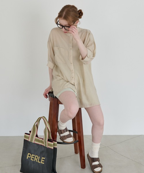 Crisp（クリスプ）の「ハーフスリーブシアーオーバーシャツ（シャツ/ブラウス・レディース・ベージュ/ピンクベージュ・FREE）」の15枚目の写真