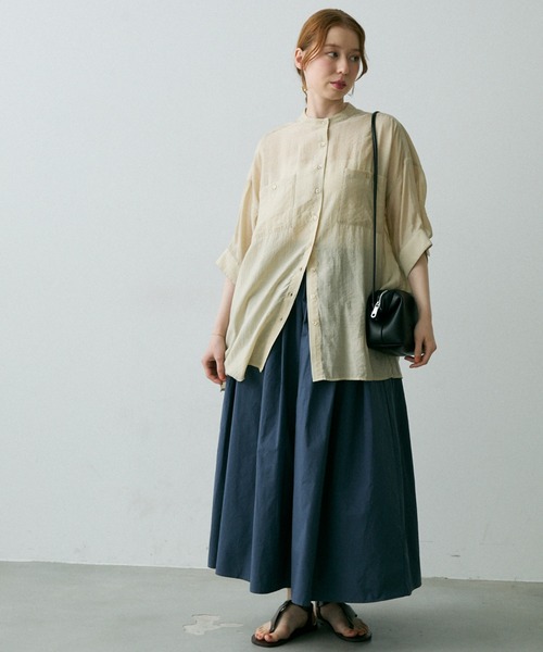 Crisp（クリスプ）の「ハーフスリーブシアーオーバーシャツ（シャツ/ブラウス・レディース・ベージュ/ピンクベージュ・FREE）」の3枚目の写真