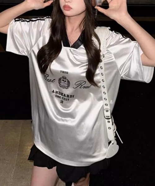 FreeZone(フリーゾーン)の「光沢サテンロゴスポーティTシャツ(Tシャツ/カットソー・メンズ・ブラック/ホワイト・F)」の10枚目の写真