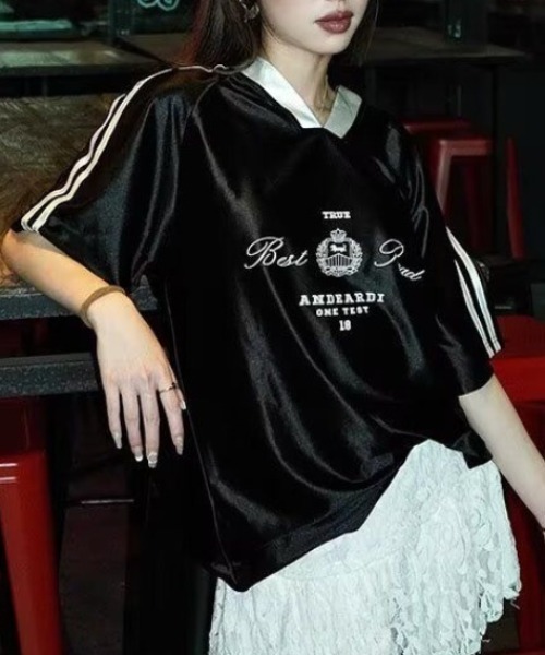 FreeZone(フリーゾーン)の「光沢サテンロゴスポーティTシャツ(Tシャツ/カットソー・メンズ・ブラック/ホワイト・F)」の8枚目の写真