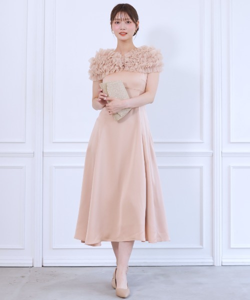 新品【アンドクチュール】ラメフラワーチュールレイヤードドレス　ケープ付き　結婚式 AND COUTURE ドレス ラメフラワーチュールレイヤードドレス