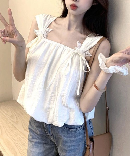 Mayree（メイリー）の「【Mayree】蝶々 リボン ノースリーブ バルーン トップス（キャミソール・レディース・ホワイト/ブルー/ピンク・FREE）」の2枚目の写真