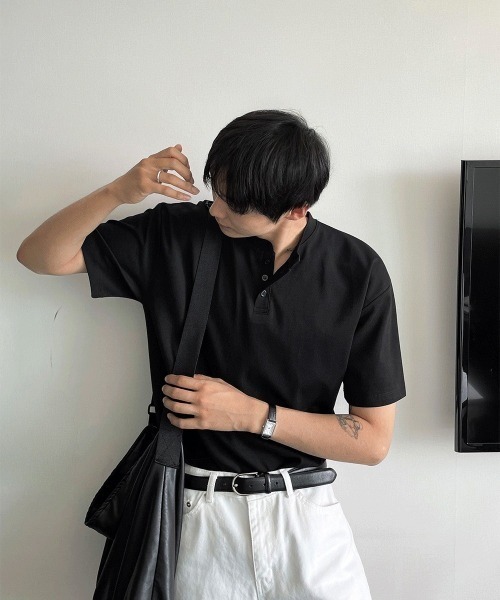 COSYHARU（コシハル）の「ヘンリーネックポンチ半袖Tシャツ（Tシャツ/カットソー・メンズ・ブルー/ダークブラウン/ホワイト/ブラック/ネイビー・LARGE/X-LARGE）」の8枚目の写真