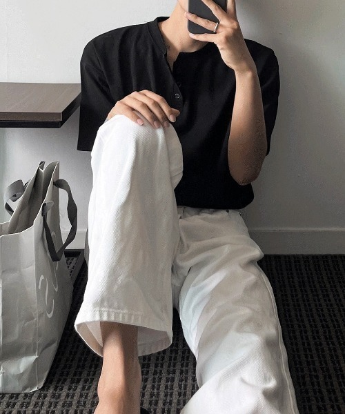 COSYHARU（コシハル）の「ヘンリーネックポンチ半袖Tシャツ（Tシャツ/カットソー・メンズ・ブルー/ダークブラウン/ホワイト/ブラック/ネイビー・LARGE/X-LARGE）」の11枚目の写真