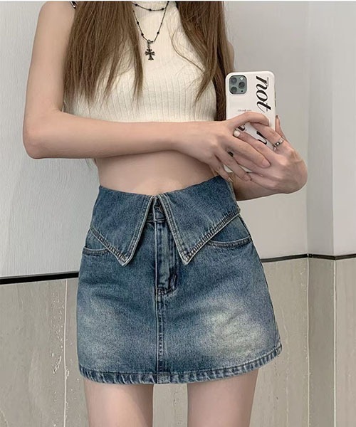 gossip！ロサンゼルス（ゴシップロサンゼルス）の「フラップデザイン ハイウエストデニムミニスカート インナーショーツ付き レディース A ライン  Y2K 韓国ファッション（デニムスカート・レディース・ブルー/ブラック・M/S）」の6枚目の写真