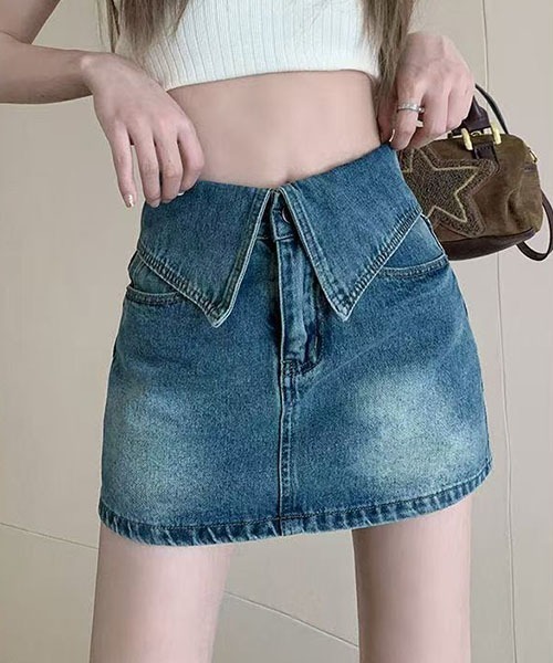 gossip！ロサンゼルス（ゴシップロサンゼルス）の「フラップデザイン ハイウエストデニムミニスカート インナーショーツ付き レディース A ライン  Y2K 韓国ファッション（デニムスカート・レディース・ブルー/ブラック・M/S）」の15枚目の写真