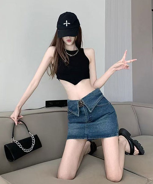 gossip！ロサンゼルス（ゴシップロサンゼルス）の「フラップデザイン ハイウエストデニムミニスカート インナーショーツ付き レディース A ライン  Y2K 韓国ファッション（デニムスカート・レディース・ブルー/ブラック・M/S）」の9枚目の写真