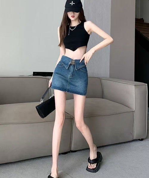 gossip！ロサンゼルス（ゴシップロサンゼルス）の「フラップデザイン ハイウエストデニムミニスカート インナーショーツ付き レディース A ライン  Y2K 韓国ファッション（デニムスカート・レディース・ブルー/ブラック・M/S）」の10枚目の写真