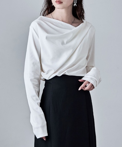 etoll.（エトル）の「フロントドレープデザイントップス（Tシャツ/カットソー・レディース・チャコールグレー/オフホワイト/ブラウン/ブラック・M）」の10枚目の写真