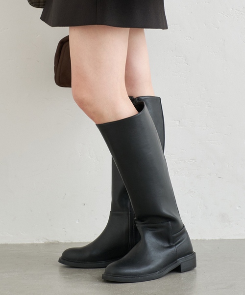 モモンガうさぎ屋の黒革ロングブーツ24センチ aimoha（アイモハ） ブーツ 紐づけフェイクレザー厚底ロングブーツ