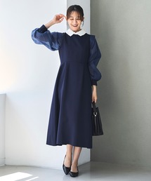 オケージョンドレス 結婚式 2WAY ストレッチ | オーガンジースリーブ ワンピース ドレス ( レース 付け襟 付き ) | オケージョン お呼ばれ パーティードレス 美脚効果