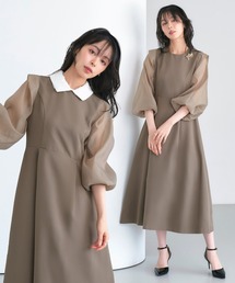 RUIRUE BOUTIQUE（ルイルエブティック）の「オケージョンドレス 結婚式 2WAY ストレッチ ｜ オーガンジースリーブ ワンピース ドレス ( レース 付け襟 付き ) ｜ オケージョン お呼ばれ パーティードレス 美脚効果（ドレス）」