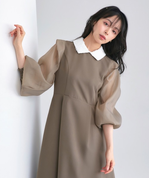 RUIRUE BOUTIQUE（ルイルエブティック）の「オケージョンドレス 結婚式 2WAY ストレッチ ｜ オーガンジースリーブ ワンピース ドレス ( レース 付け襟 付き ) ｜ オケージョン お呼ばれ パーティードレス 美脚効果（ドレス・レディース・ブラック/ネイビー/モカ・S/M/L/LL）」の4枚目の写真