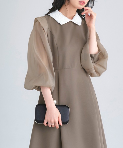 RUIRUE BOUTIQUE（ルイルエブティック）の「オケージョンドレス 結婚式 2WAY ストレッチ ｜ オーガンジースリーブ ワンピース ドレス ( レース 付け襟 付き ) ｜ オケージョン お呼ばれ パーティードレス 美脚効果（ドレス・レディース・ブラック/ネイビー/モカ・S/M/L/LL）」の9枚目の写真