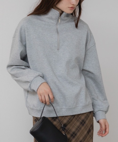 セール】ハーフジップスウェットトップス/オーバーサイズ グレー