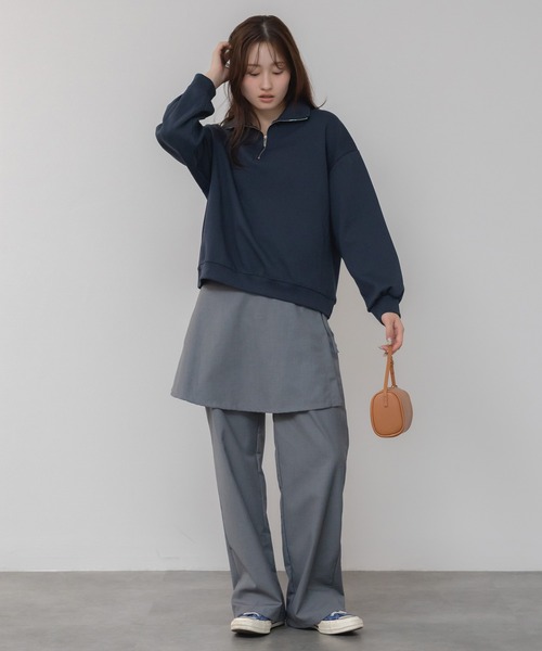 セール】ハーフジップスウェットトップス/オーバーサイズ グレー