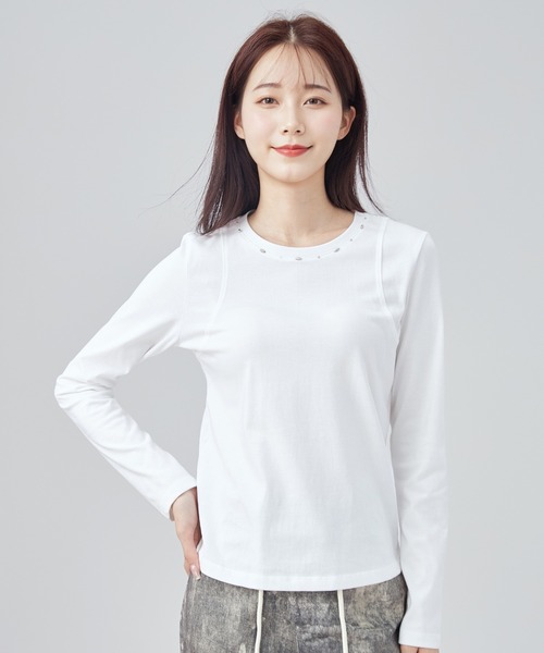 SUWDEE（スーディー）の「bijou switching tops（Tシャツ/カットソー・レディース・グレイッシュベージュ/ブラック/ホワイト・S）」の6枚目の写真