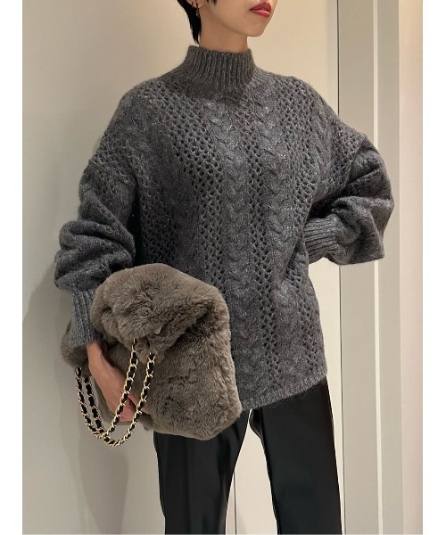 COLUMN（コラム）の「COLUMN / ケーブルシアーニット（ニット/セーター・レディース・コーラル/オフホワイト/グレー/ブラック・FREE）」の21枚目の写真