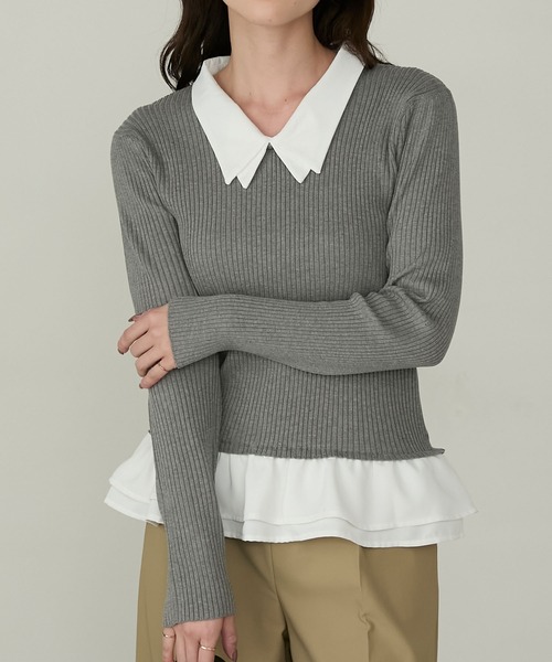 Cherir Mignon(シェリルミニョン)の「【Cherir Mignon】2wayフリルドッキングリブニットプルオーバー(ニット/セーター・レディース・グレー/ブラック/ネイビー・FREE)」の2枚目の写真