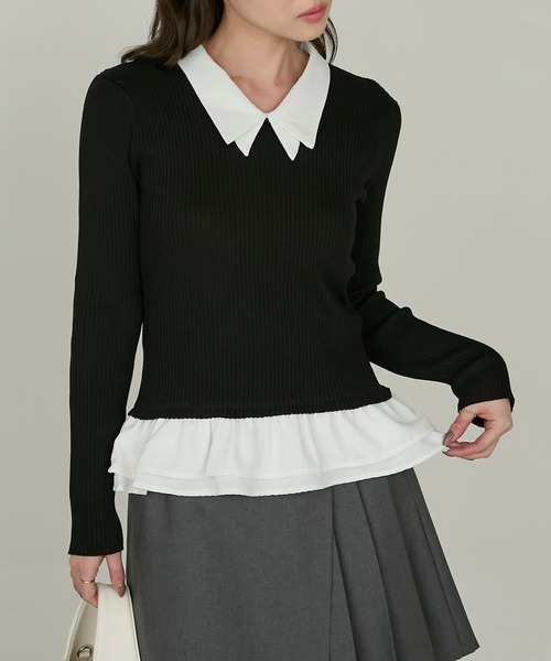 Cherir Mignon(シェリルミニョン)の「【Cherir Mignon】2wayフリルドッキングリブニットプルオーバー(ニット/セーター・レディース・グレー/ブラック/ネイビー・FREE)」の1枚目の写真