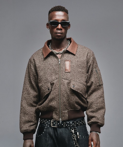 早いもの勝ち[ANTIOFF] ツートン フォールディング ジャケット Wool Blend Tweed Flight Jacket / ウールブレンドツイードフライト