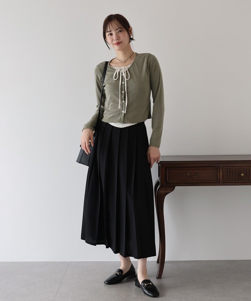 BLUEEAST(ブルーイースト)の「リボン付きレイヤード風トップス(Tシャツ/カットソー・レディース・カーキ/ブラック・MEDIUM)」の3枚目の写真