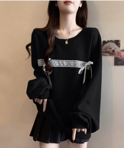 PRIVATE BEACH(プライベートビーチ)の「レースリボン付きオーバーサイズスウェットトレーナー(スウェット・レディース・グレー/ブラック・S/M/L)」の2枚目の写真