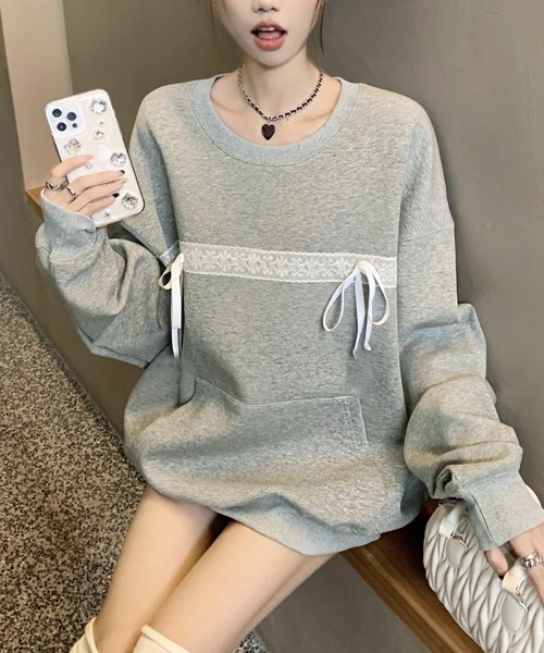 PRIVATE BEACH(プライベートビーチ)の「レースリボン付きオーバーサイズスウェットトレーナー(スウェット・レディース・グレー/ブラック・S/M/L)」の11枚目の写真