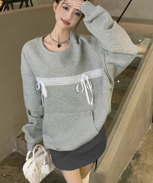 PRIVATE BEACH(プライベートビーチ)の「レースリボン付きオーバーサイズスウェットトレーナー(スウェット・レディース・グレー/ブラック・S/M/L)」の7枚目の写真