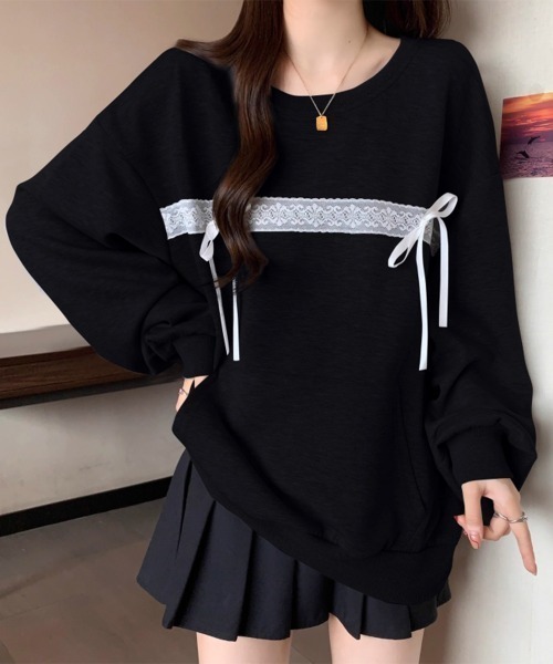 PRIVATE BEACH(プライベートビーチ)の「レースリボン付きオーバーサイズスウェットトレーナー(スウェット・レディース・グレー/ブラック・S/M/L)」の15枚目の写真