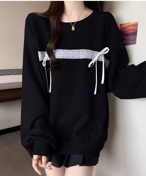 PRIVATE BEACH(プライベートビーチ)の「レースリボン付きオーバーサイズスウェットトレーナー(スウェット・レディース・グレー/ブラック・S/M/L)」の6枚目の写真